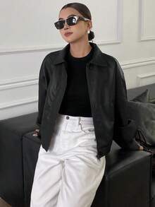 DAZY 秋冬新款宽松休闲加厚PU皮女式常规夹克女式外套