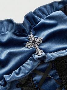 ROMWE Gothic Palace Style Lace Trim Velvet Women's Tube Top - Blue - View 3