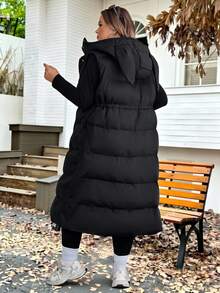 SHEIN CURVE+ Plus Size Women Black Hooded Bunny Ear Padded Vest Coat,Autumn Casual Hiking Puffer Vest,Curve Winter Clothes 8xl,6xl Fall Back To School Outfits - Black - View 2