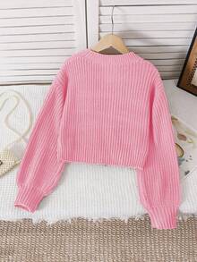 SHEIN 秋冬款青少年女孩休闲纯色短款毛衣 - 粉色 - 查看 2