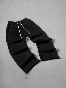 Sonviro 男士休闲街头风刺绣徽章阔腿运动裤 - 黑色 - 查看 5