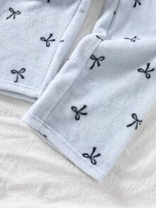 女童睡衣套装，长袖上衣和长裤，时尚韩版，蓝色毛绒上衣，蝴蝶印花毛绒裤子 - 藍色 - 查看 4