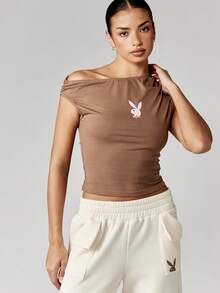 Missguided x Playboy 不对称露肩短款上衣，侧面褶饰细节，修身时尚晚会俱乐部服装，经典设计，夏秋必备时尚单品 - 棕色 - 查看 6