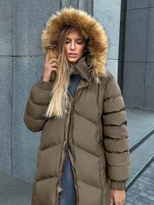 EURMUSE Gesteppter Kunstpelz Kapuzen Damen Daunenjacke, leuchtender Stoff, modisch und warm im Winter