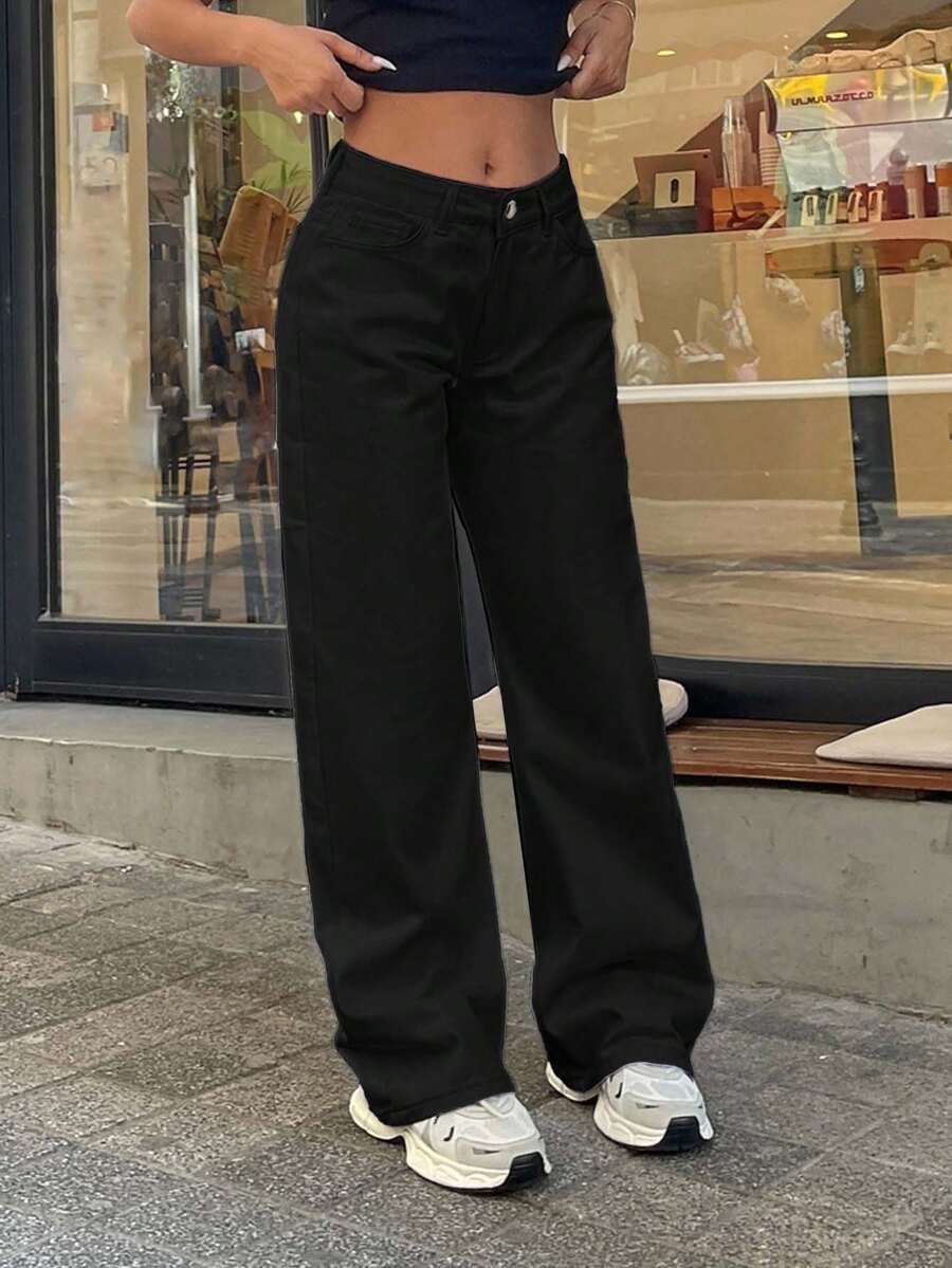 SHEIN 100% 纯棉低腰阔腿剪裁白色小码牛仔裤 - 黑色 - 查看 1