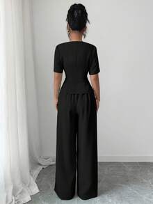 Elenzga Bộ trang phục thiết kế kiểu Pháp mới thời trang dành cho nữ, Xuân/Hè, Áo cánh ôm dáng có viền chữ A + Quần ống rộng, Bộ 2 món - màu đen - Xem 2