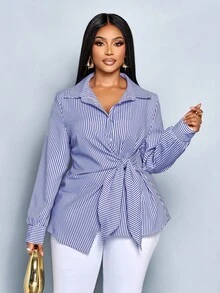 SOLERSUN 大码秋冬女装新款优雅条纹纽扣前衬衫，休闲优雅条纹印花领带前部细节衬衫，扭纹肩带，结， - 寶藍色 - 查看 1