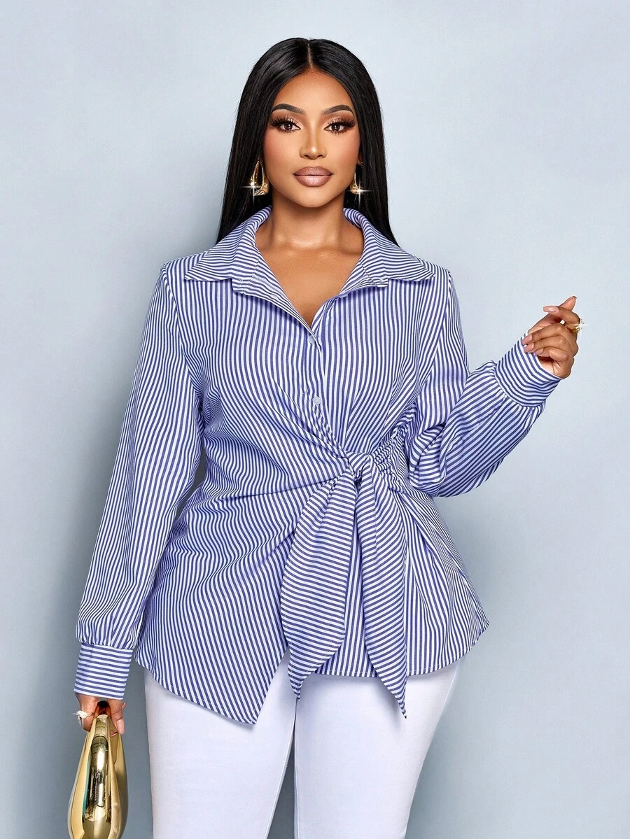 SOLERSUN 大码秋冬女装新款优雅条纹纽扣前衬衫，休闲优雅条纹印花领带前部细节衬衫，扭纹肩带，结， - 寶藍色 - 查看 1