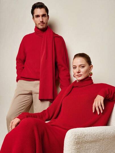 Manfinity CityGents Men's Christmas Family Cartoon Pattern Men Sweater Casual Solid Color Scarf Sweater, Autumn/Winter Men Couple Red Sweater