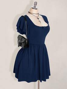SHEIN ICON Plus Size Solid Color Minimalist Square Neck Ruffle Sleeve Dress - Navy Blue - View 4
