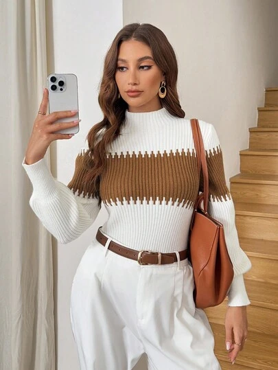 Easowa Turtleneck Lantern Sleeve Color Block Patchwork Casual Work Wear Sweater For Women,Long Sleeve Tops In Fall/Winter