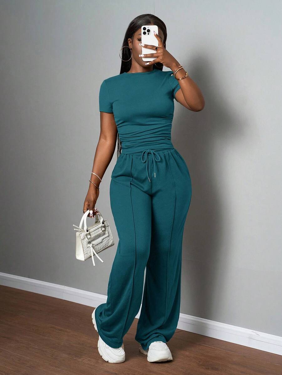 Slaydiva 2025新款女式休闲纯色圆领修身短袖T恤和抽绳腰直筒裤两件套，春夏季，棕色，适合音乐节、复活节、圣帕特里克节、日常外出、派对、毕业季、运动休闲、日常基础款、返校、派对