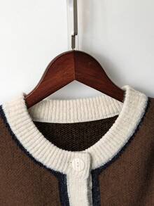 Franclia Women's Contrast Color Round Neck Cardigan, Regular Fit, Spring/Autumn, Christmas - Coffee Brown - View 3