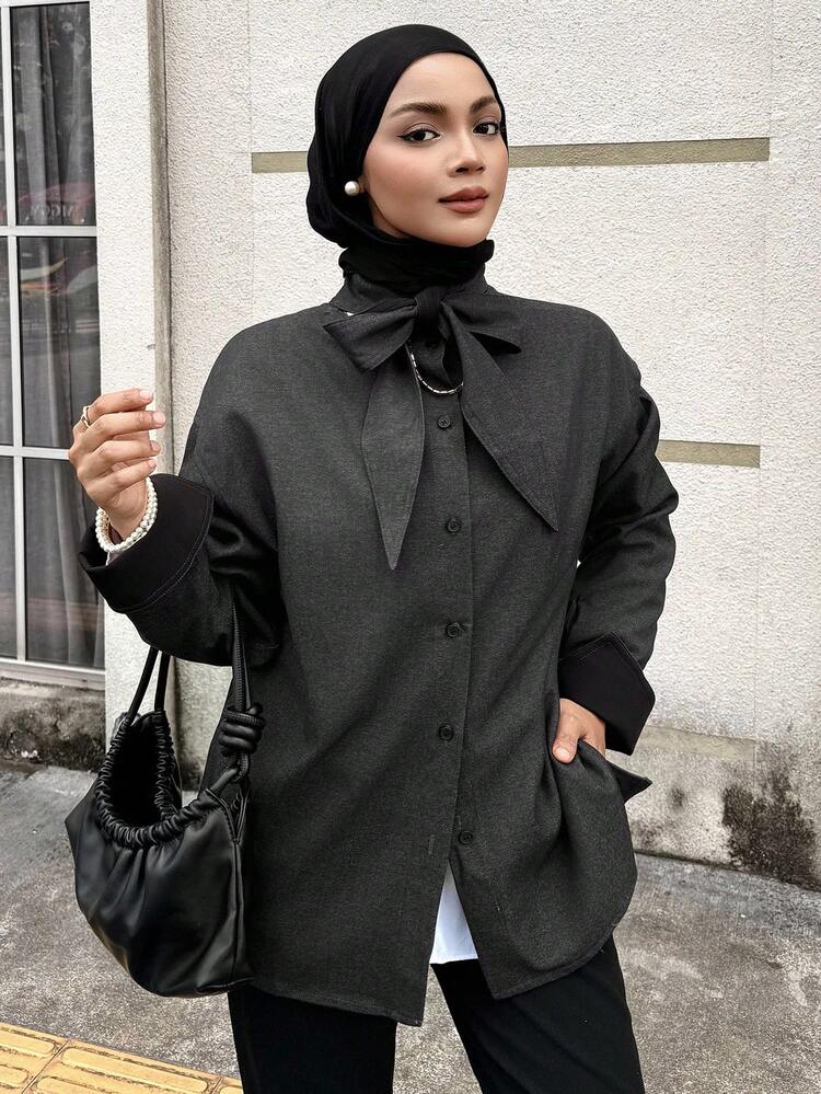 Women's Loose Business Casual Scarf Collar Shirt, Minimalist Fashion Office Wear, Autumn/Winter Long Sleeve Top Modest Fashion