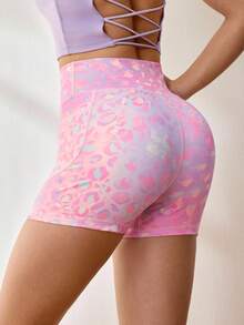 SHEIN Sovereign Charm Quần short họa tiết da báo nhiều màu có túi dành cho nữ, đồ thể thao - Hồng - Xem 3
