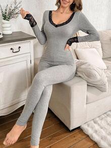 女士休闲V领蕾丝针织保暖内衣套装，秋冬 - 深灰色 - 查看 3