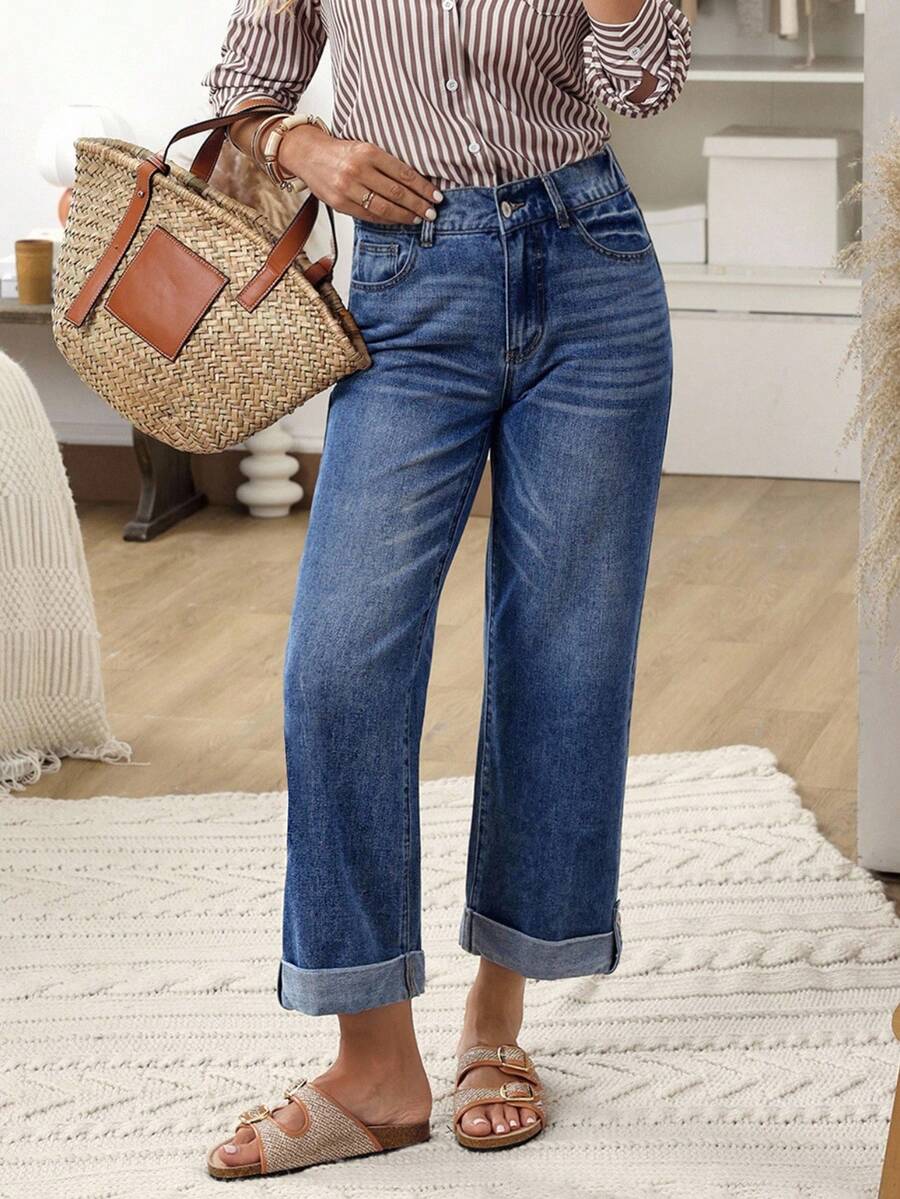 SHEIN LUNE Women's Straight Leg Loose Casual Commuter Jeans With Pockets Casual Street Patchwork Pocket Loose Wide Leg Jeans Women Jeans Baggy Loose Jeans - Blue - View 1