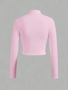 Slaydiva Simple Casual Women's Autumn-Winter Stretchy Jacket With Half-Neck Zipper, V-Neck, And Tight Long Sleeves - B - Pink - View 2