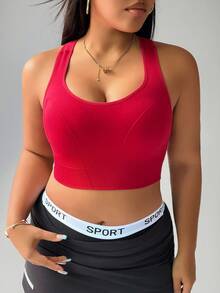 Rhythm Era 大码纯色宽肩带无袖短款合身休闲运动文胸 - 酒紅色 - 查看 5