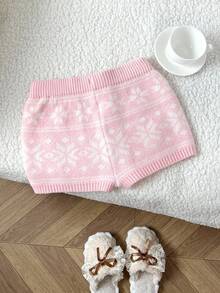 Elamini 1 Stück Damen gestrickte Shorts, rosa Weihnachtsthema, Herbst/Winter, personalisiert, vielseitig, süßes Blumenmuster, figurbetont, Gummibund, Lässig
