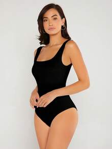 SHEIN BASICS Body de unicolor con escote cuadrado y ajuste ceñido, atuendo de verano para mujer - Negro - Ver 3