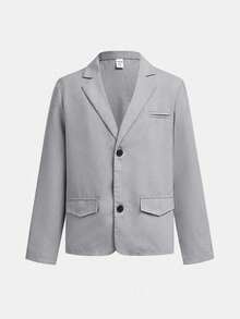 SHEIN 2pcs Tween Boys' Summer Casual White Modest Business Formal Outfit,Solid Color Preppy Gentleman Blazer Jacket And Elastic Waist Pants Set For Wedding - Light Grey - View 9