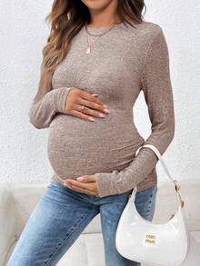 SHEIN Áo thun dài tay màu trơn thoải mái dành cho bà bầu, thích hợp mặc hàng ngày. - Màu Khaki - Xem 3