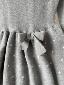 SHEIN Tween Girl Grey Jacquard Polka Dot Bow Decor Casual Crew Neck Long Sleeve Waist Cinched Knit Dress, Elegant Style Autumn Winter Clothes For Women - Grey - View 3