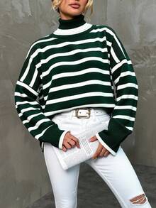 EURMUSE Striped Pattern Turtleneck Drop Shoulder Sweater - Green - View 3