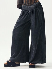 Bohemela Women's Casual Solid Color Knit Loose Wide-Leg Washed Sweatpants