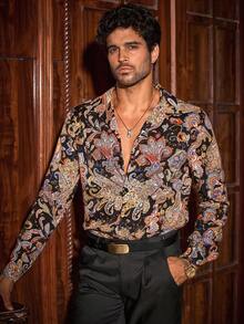 HIMLAND 男士休闲印花修身长袖衬衫，男士佩斯利印花衬衫，黑色佩斯利印花衬衫，长袖印花衬衫，男士复古花卉衬衫，波西米亚风格衬衫，男士奢华派对衬衫，巴洛克印花衬衫，个性纽扣衬衫，男士设计师印花衬衫，男士大胆佩斯利印花衬衫，秋季夜生活、派对和高档活动的终极个性单品 - 彩色 - 查看 5