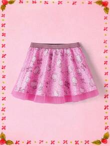 HELLO KITTY AND FRIENDS | SHEIN 休闲甜美芭蕾风格粉色网眼双层豹纹宽松A字裙，夏季 - 彩色 - 查看 1