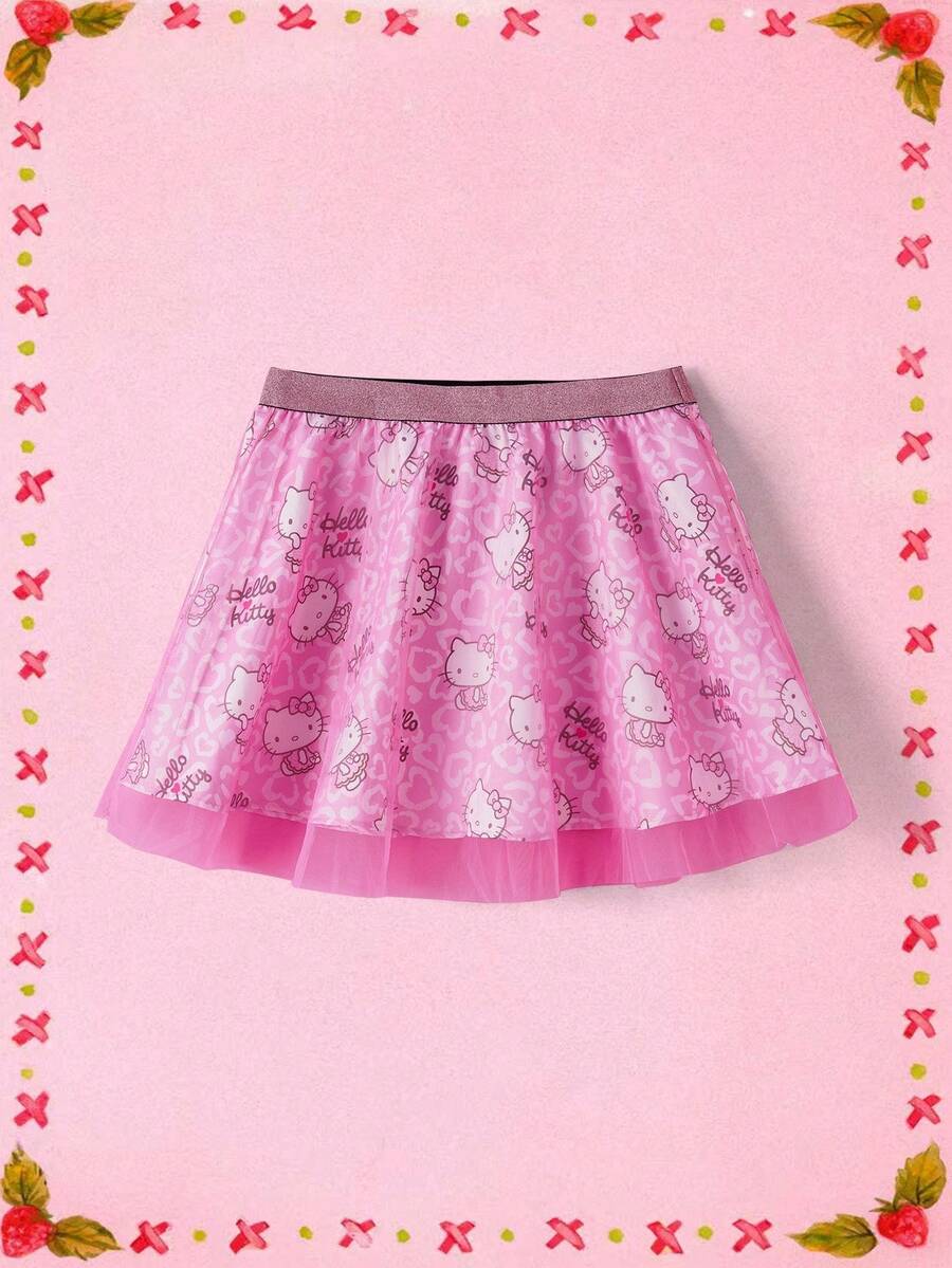 HELLO KITTY AND FRIENDS | SHEIN 休闲甜美芭蕾风格粉色网眼双层豹纹宽松A字裙，夏季 - 彩色 - 查看 1