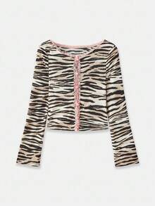 lacRébo 斑马纹长袖上衣，粉色蕾丝边和纽扣开口，秋季女装，秋季服装，秋季女装，秋冬 - 彩色 - 查看 7