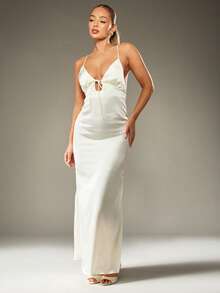 MISSGUIDED Váy Maxi Satin Thanh Lịch Có Chi Tiết Chéo Lưng Ren, Áo Ngực, Eo Cao, Dài Đến Sàn, Váy Dạ Hội Dự Tiệc Cưới Khách Dịp Đặc Biệt Mùa Hè - trắng - Xem 4