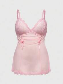 ROMWE Plus Size Cute Kawaii Doll Dress With Butterfly Lace Trim Mesh Nightgown - Pink - View 1
