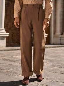 Manfinity VCAY Men Casual Straight Loose Solid Color Pants, Fall - Khaki - View 4