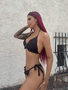 Bearsaez Swim Suits For Women Women's Summer Beach Solid Color Ruffle Trim Halter Neck Tie Two-Piece Bikini Set - Black - View 6