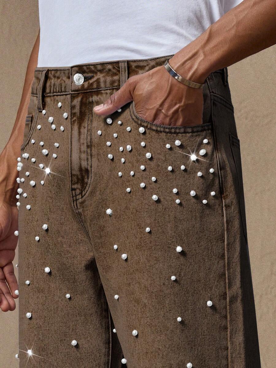 AKNOTIC Men's Light Blue Denim Woven Pearl Decor Casual Straight Leg Jeans, Suitable For Summer, Vacation, Daily Wear, Party, Couple Matching, Father's Day Gift - Brown - View 1