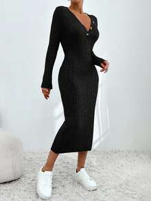 EURMUSE V-ringning med knappar Midi tröjklänning Casual Elegant Enkel - Svart - Visa 7