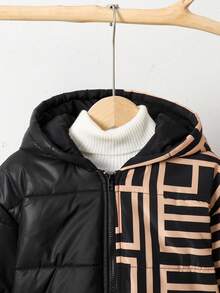 SHEIN Tween 女童宽松休闲简约舒适立领拼接撞色加厚棉服外套，秋冬 - 黑色 - 查看 5