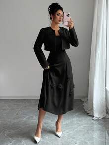 Modelyn Bộ 2 áo khoác lửng không tay họa tiết hoa cho nữ - màu đen - Xem 7