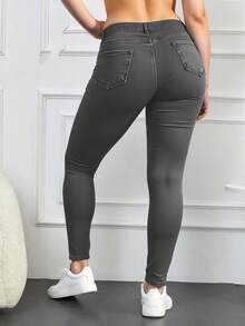 EURMUSE 98%Cotton Plus High Waist Ripped Skinny Jeans - Dark Grey - View 2