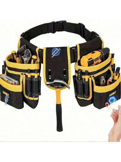 1 件重型工具腰带，带 26 个口袋和 130 厘米可调节肩带 - 黑色工具整理器，适用于 DIY 项目、木工和家居装修，磁性工具架和实用设计 - 木工、承包商和杂工工具的必备装备