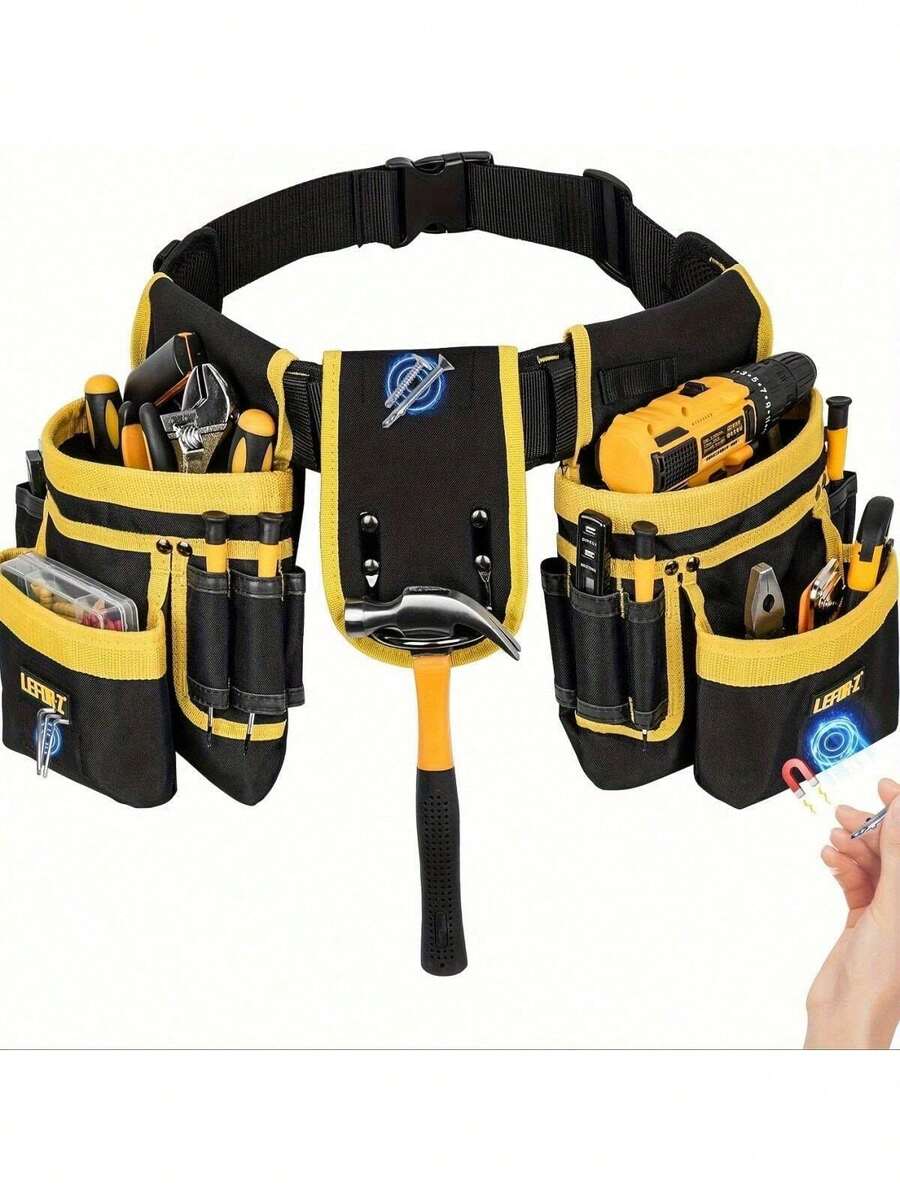 1 件重型工具腰带，带 26 个口袋和 130 厘米可调节肩带 - 黑色工具整理器，适用于 DIY 项目、木工和家居装修，磁性工具架和实用设计 - 木工、承包商和杂工工具的必备装备