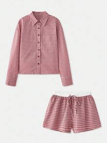 lacRébo 红白格纹睡衣套装，包含一件长袖纽扣衬衫和配套短裤，秋季女装秋冬 - 紅色 - 查看 8