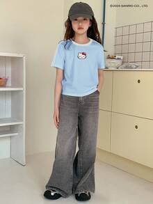 HELLO KITTY | DAZY Tween Girl Collaboration 圆领针织短袖夏季 T 恤，加大码 - 藍色 - 查看 2