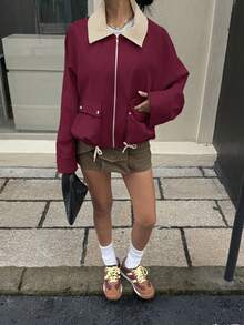 SHEIN EZwear 卡其色超大口袋翻领短款夹克，秋季新品 - 酒紅色 - 查看 7