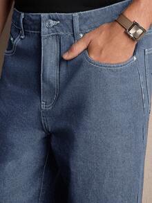 AKNOTIC Men's Dark Blue Woven Mid-Waist Straight Leg Casual Jeans, Suitable For Daily Wear, Summer, Vacation, Party, Men's Gift, Commuting