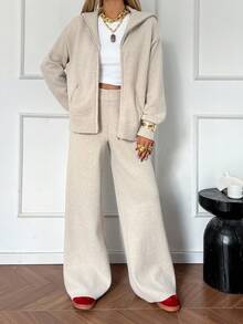 DAZY 女士休闲拉链长袖毛衣和裤子两件套秋冬连帽衫 - 杏色 - 查看 3